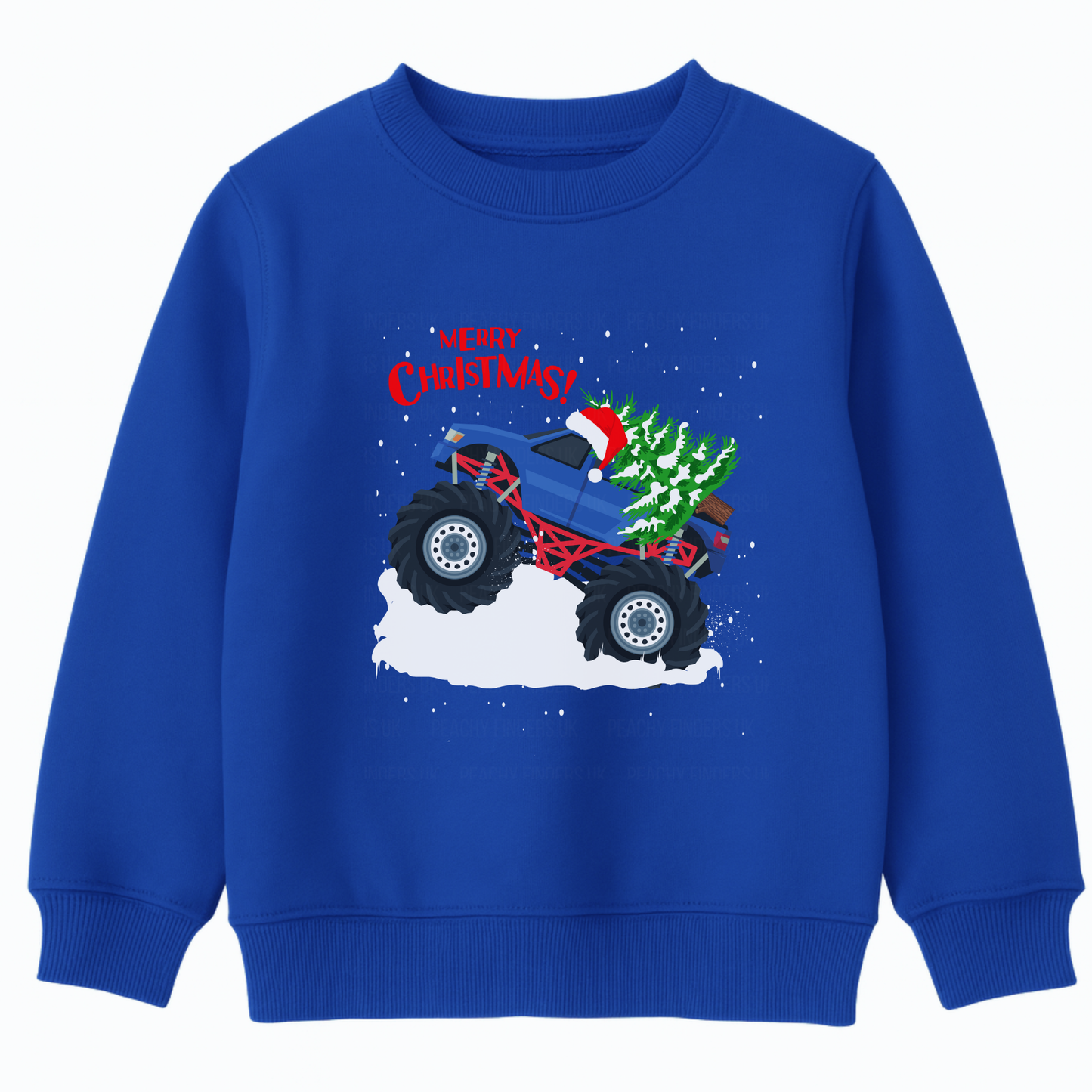 Kids royal blue Christmas sweatshirt featuring a blue monster truck with a Santa hat carrying Christmas trees in the back, snow detailing, and “Merry Christmas!” text in red.