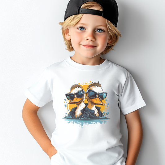 boy wearing a white t-shirt with a printed ducks design