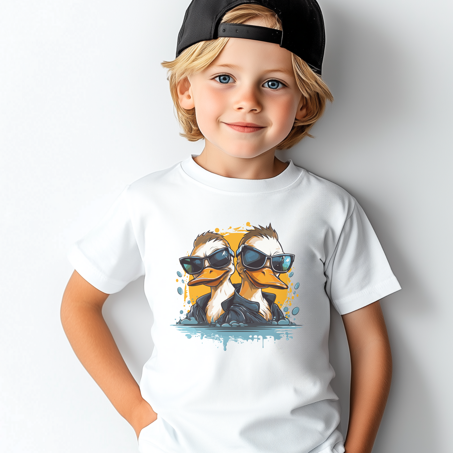 boy wearing a white t-shirt with a printed ducks design 