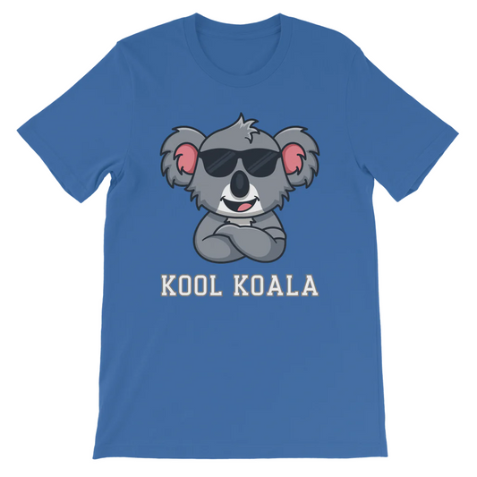 Koala wearing sunglasses looking cool, printed onto a royal blue kids t-shirt