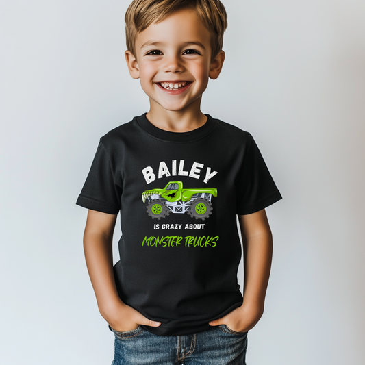 Kids 'Crazy About Monster Trucks' Personalised T-shirt | 3 - 13 years