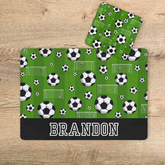 Kids Large Personalised Football Cork-Back Placemat and Coaster Set
