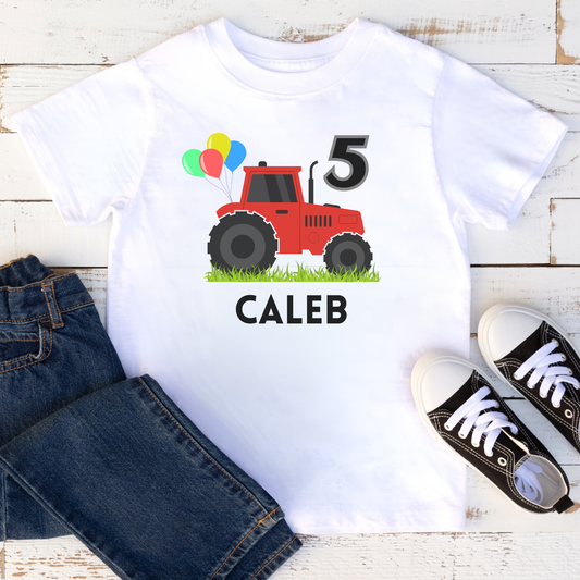 Boys white short sleeve t-shirt with printed tractor with balloons and personalised name and age