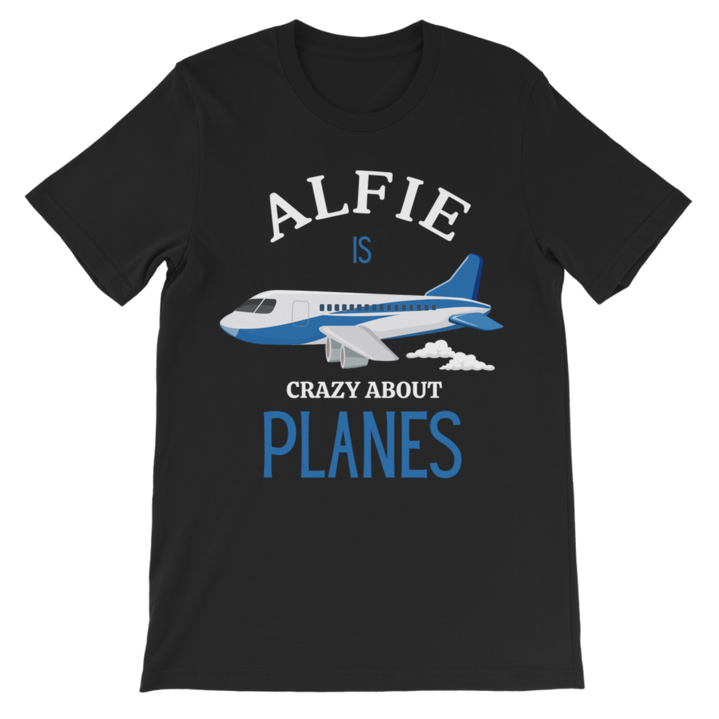 A kids black short-sleeve crewneck t-shirt with a graphic print on the front. The graphic features a white and blue airplane, the text 'ALFIE IS CRAZY ABOUT PLANES' in white and blue, and small white clouds.