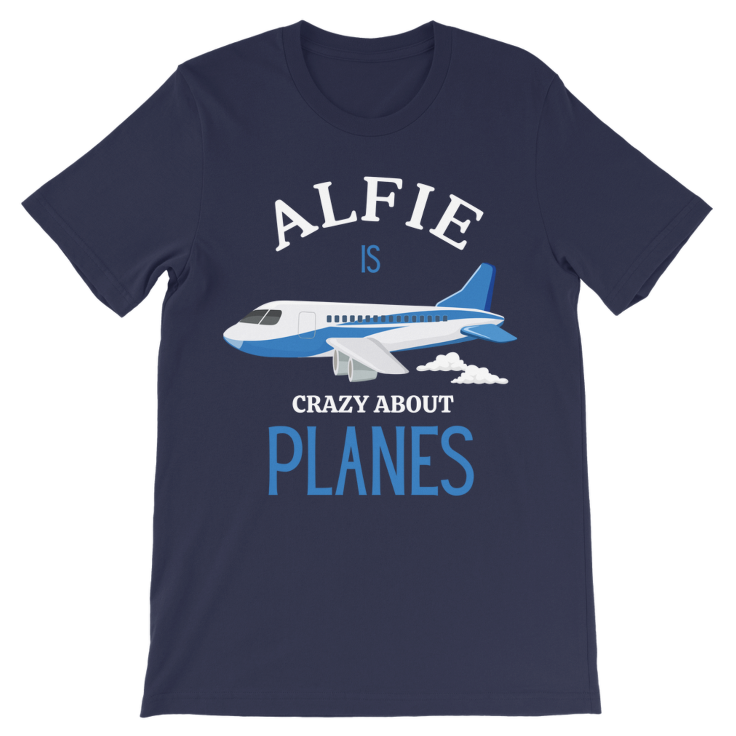 A kids navy blue short-sleeve t-shirt with a graphic print of a blue and white airplane and the text 'ALFIE IS CRAZY ABOUT PLANES' in white and light blue, shown on a plain white background.