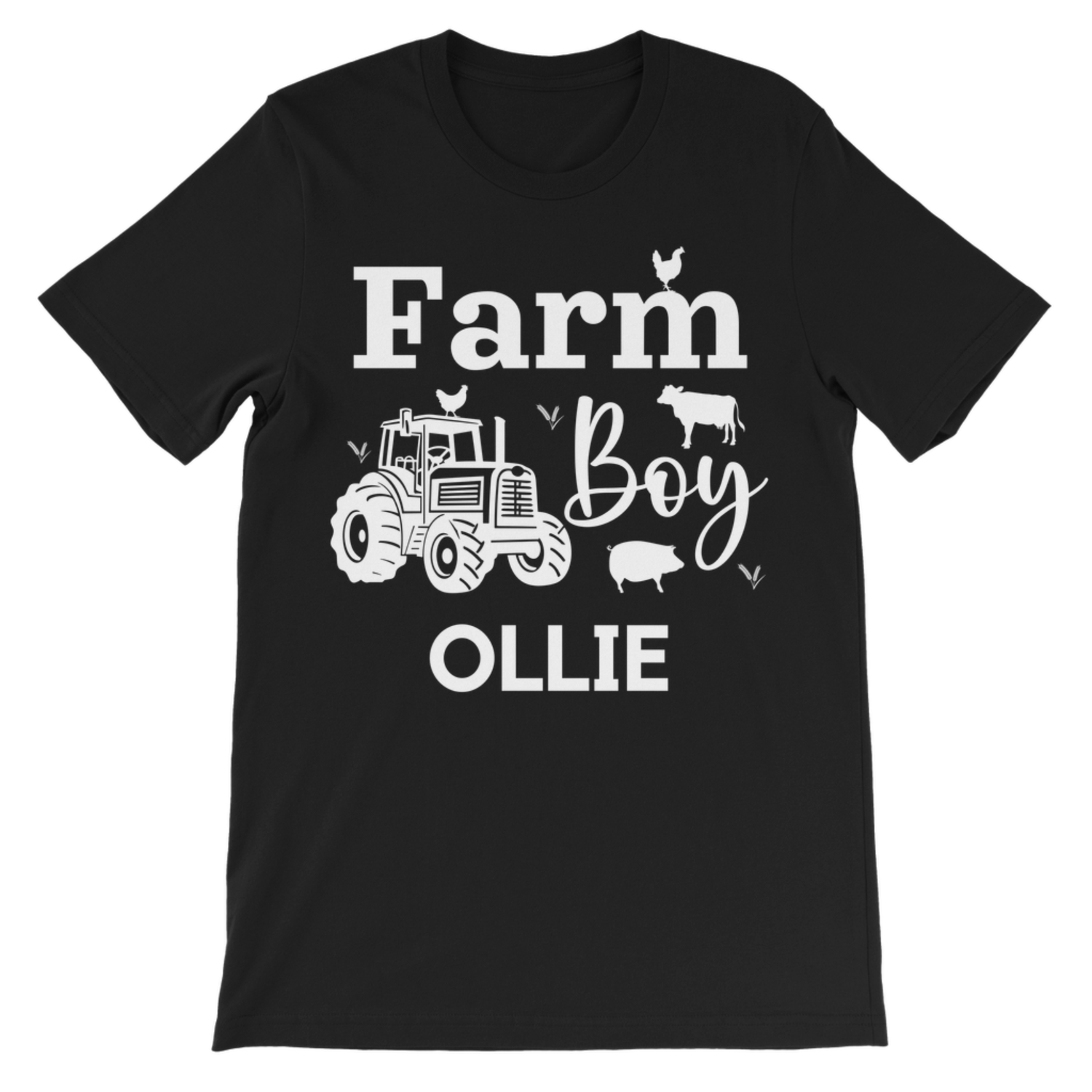 A kids black short-sleeve crewneck t-shirt with a white graphic print on the front. The graphic features the words 'Farm Boy' in a stylized font, accompanied by illustrations of a tractor, a chicken, a cow, a pig, and small birds.