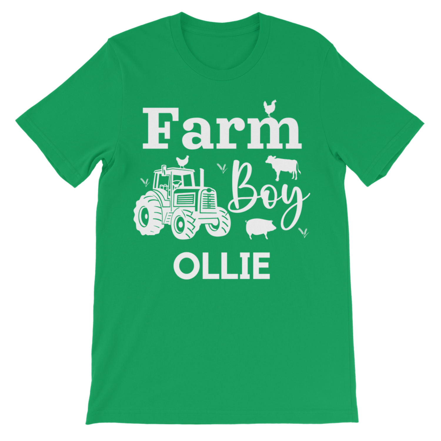 A kids green short-sleeve crewneck t-shirt with a white graphic print that reads 'Farm Boy OLLIE' accompanied by illustrations of a tractor, chicken, cow, and pig.