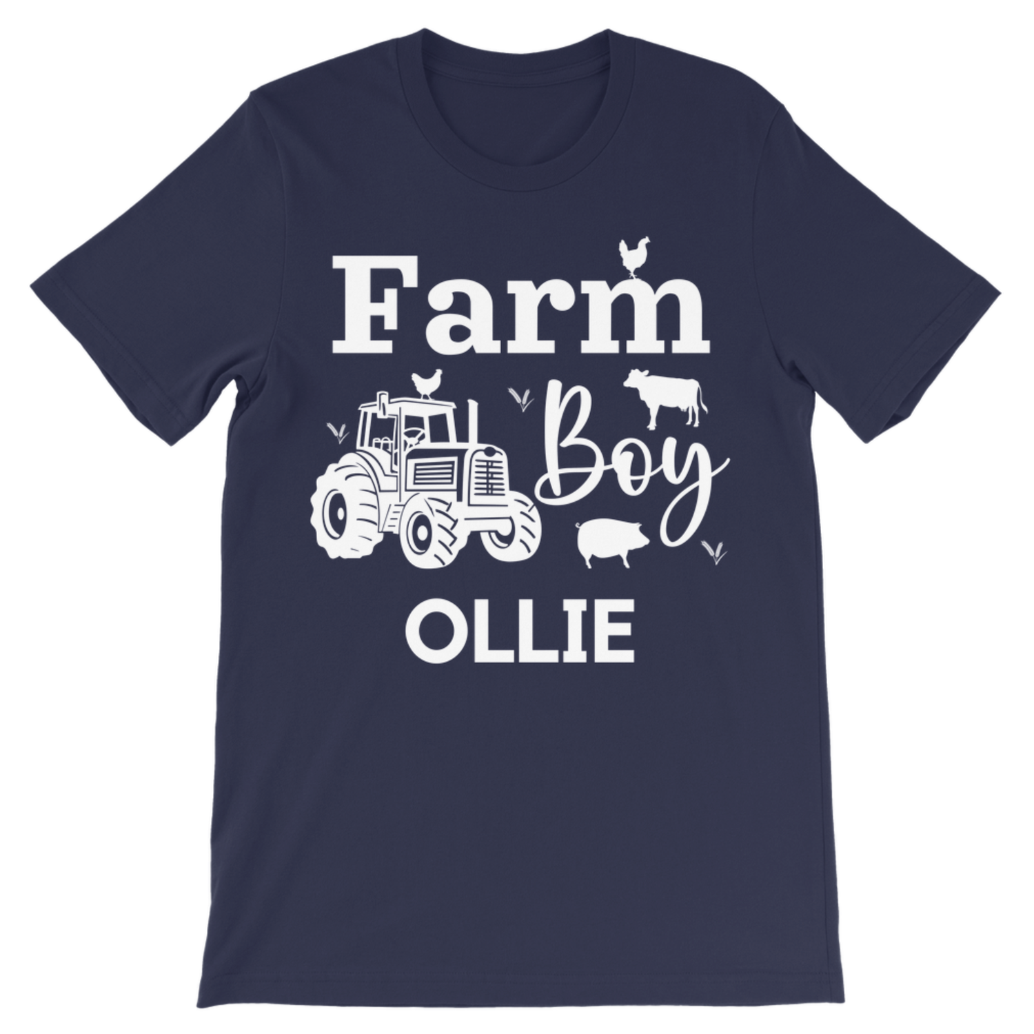 A kids navy blue short-sleeve t-shirt with a white graphic print that reads 'Farm Boy OLLIE' with illustrations of a tractor, chicken, cow, pig, and birds.