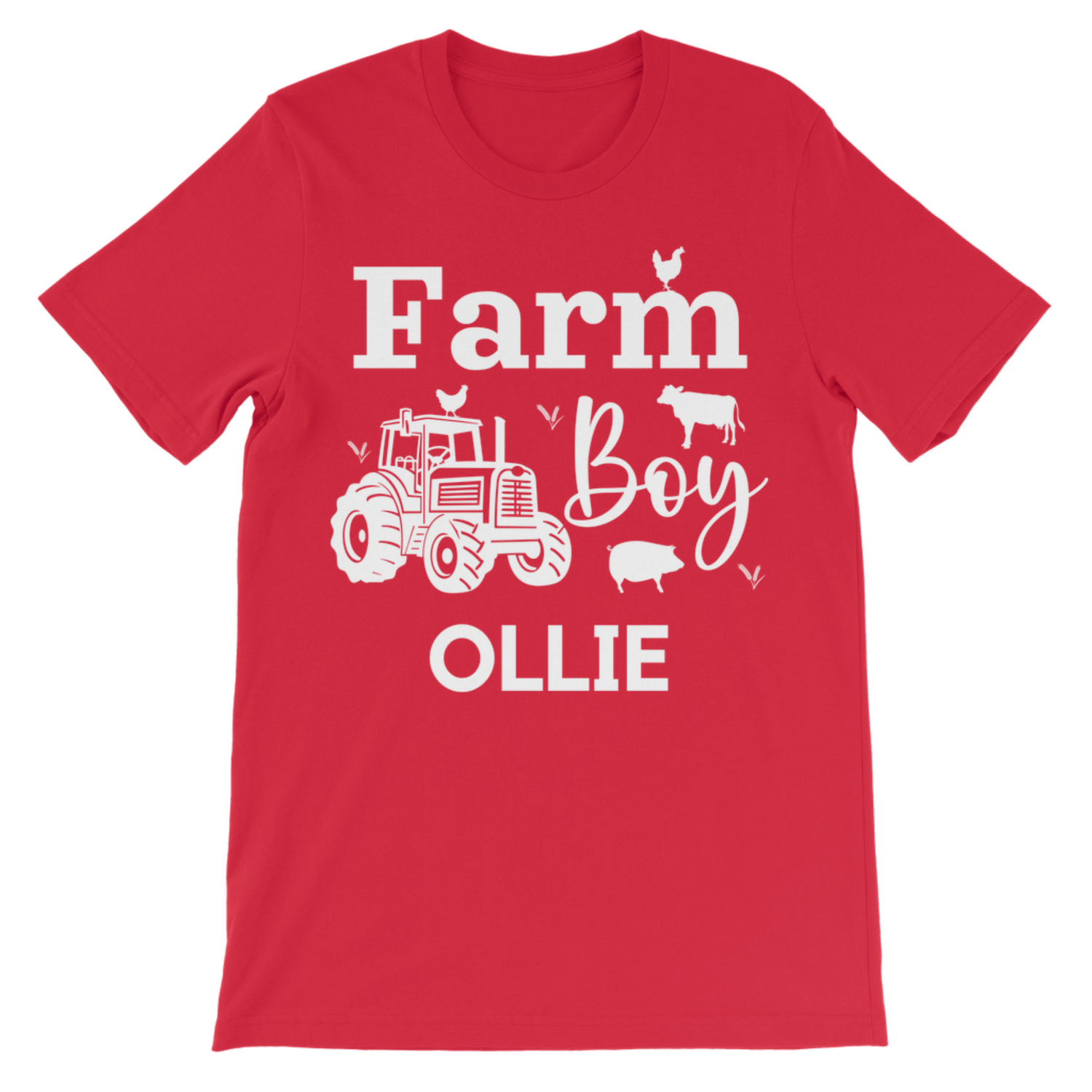 A kids red short-sleeve crewneck t-shirt with a white graphic print that reads 'Farm Boy OLLIE' accompanied by illustrations of a tractor, chicken, cow, and pig, shown on a plain white background.