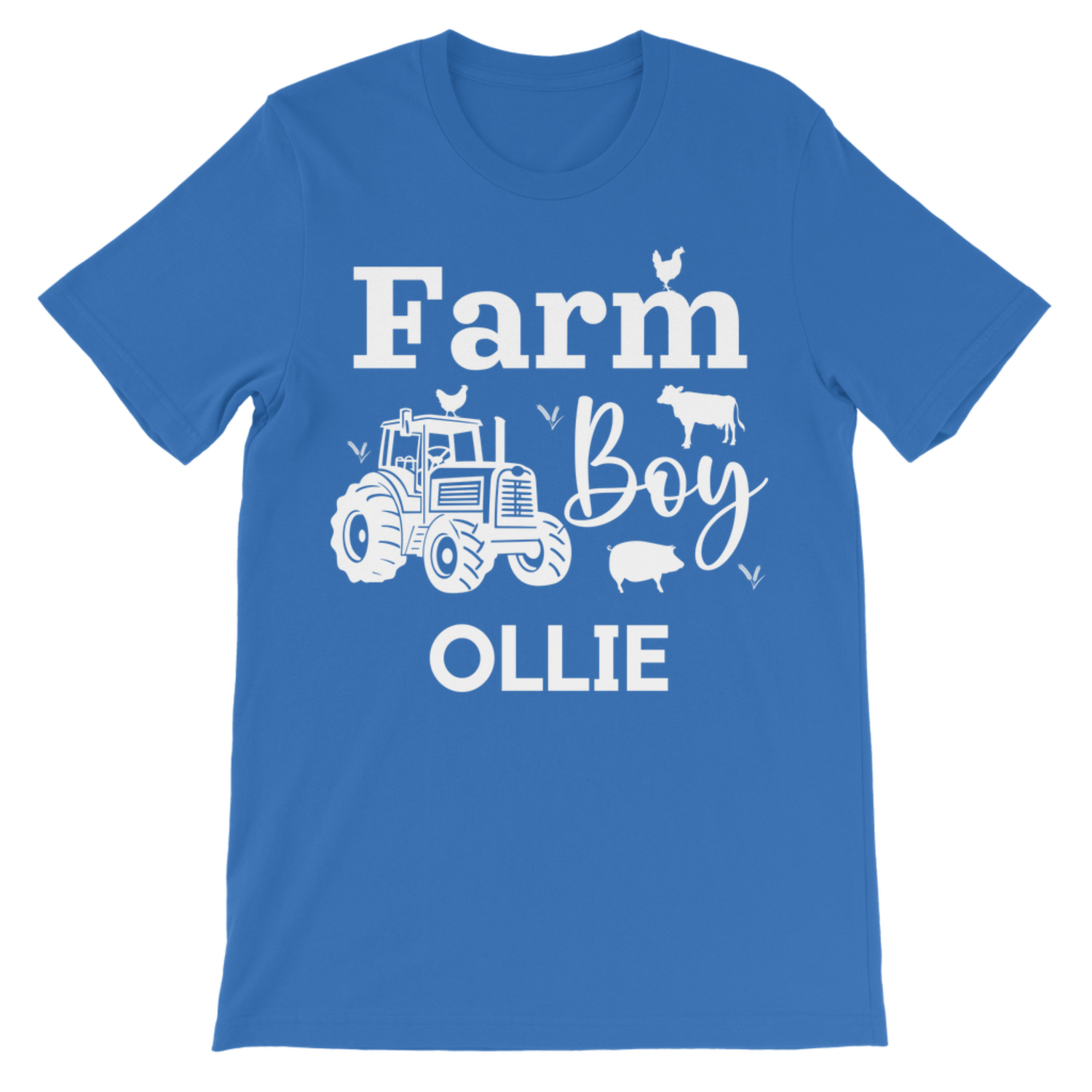 A kids royal blue short-sleeve crewneck t-shirt with a white graphic print on the front. The graphic features the words 'Farm Boy' with a tractor, a cow, a pig, and small birds, followed by the personalized name 'OLLIE' in bold capital letters.
