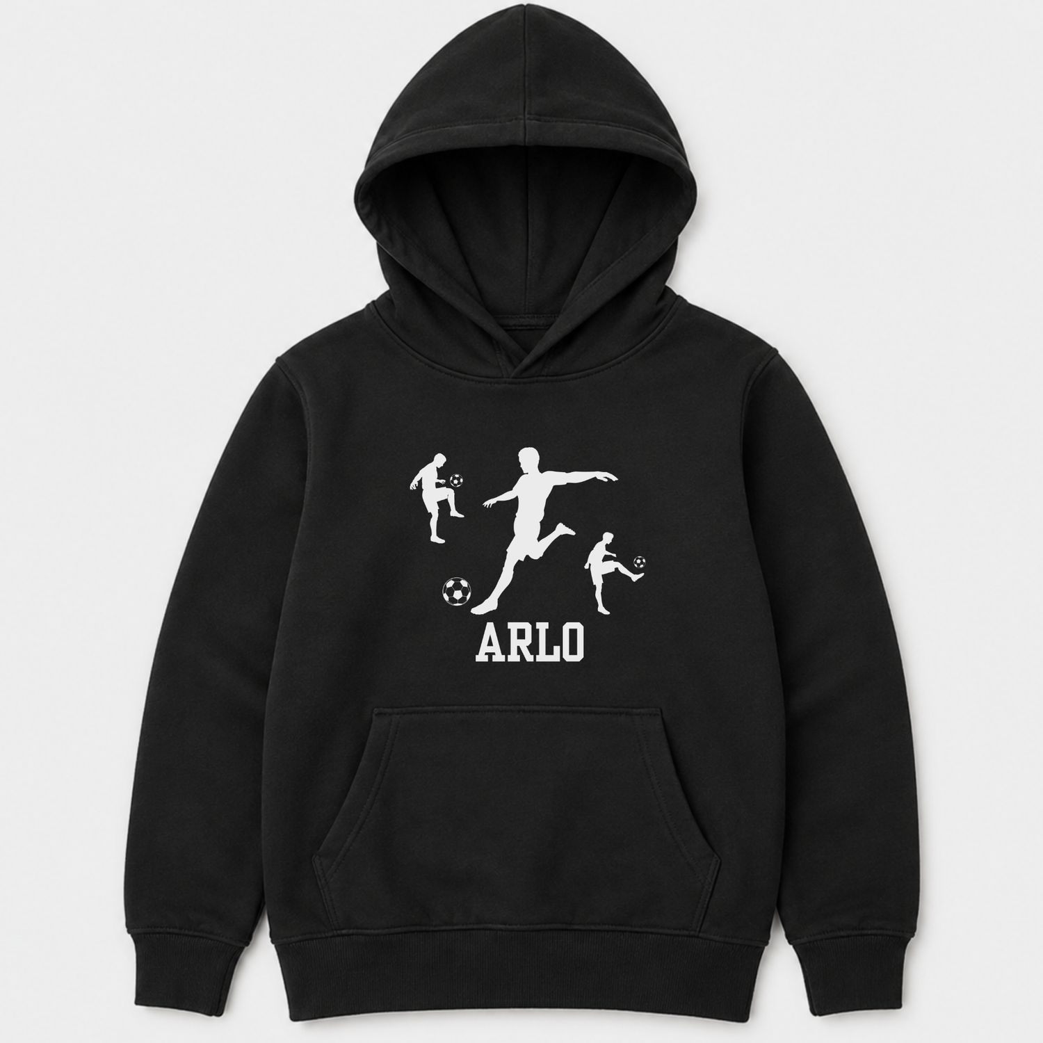 A kids pullover hoodie in black with a white graphic print of soccer players and the name 'ARLO' on the chest, displayed against a light grey background.