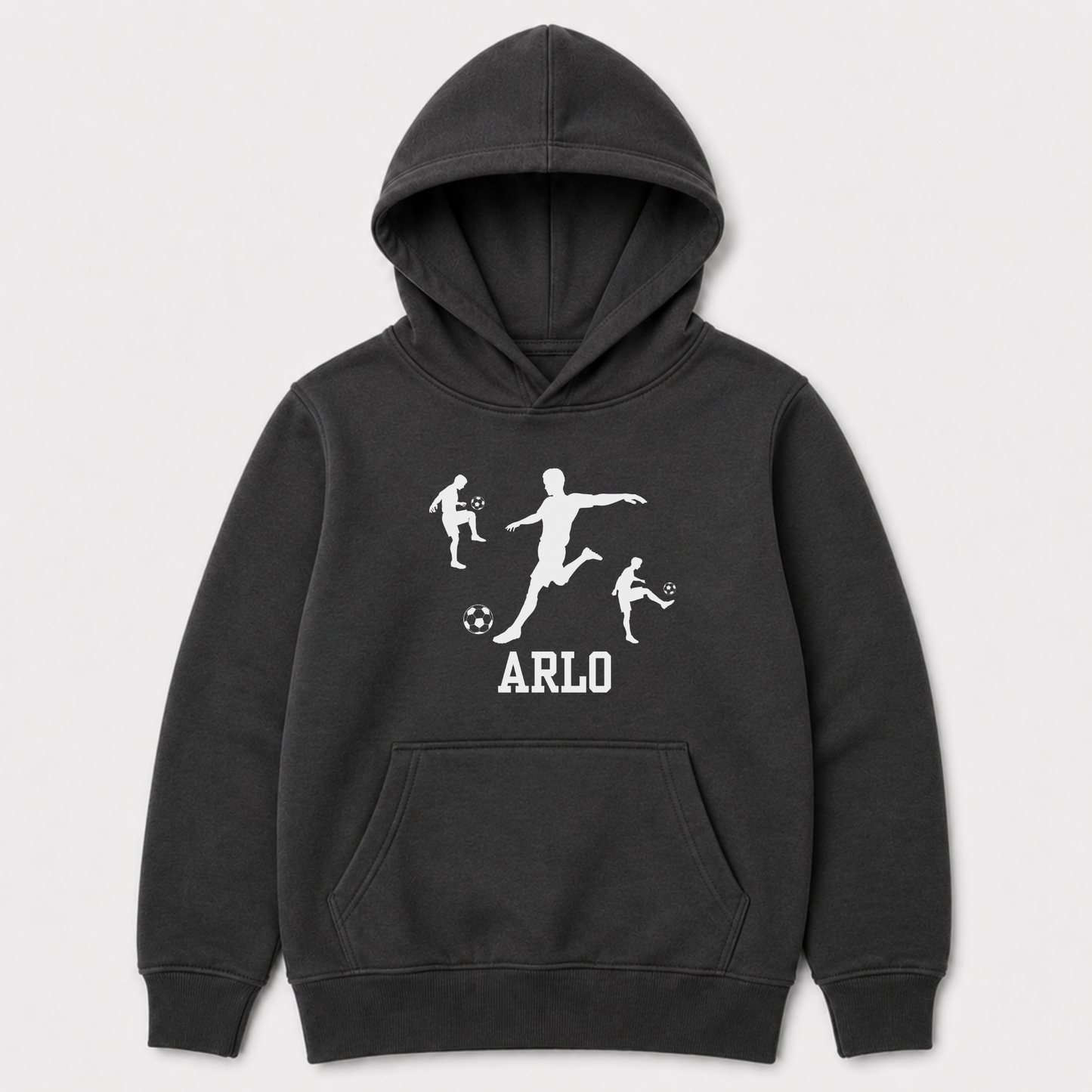 Charcoal heather grey kids football hoodie with personalised name Arlo and white football player graphic