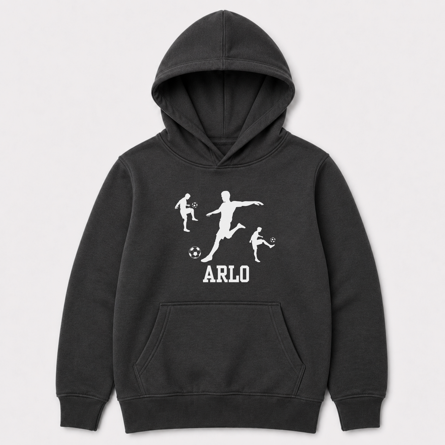 Charcoal heather grey kids football hoodie with personalised name Arlo and white football player graphic