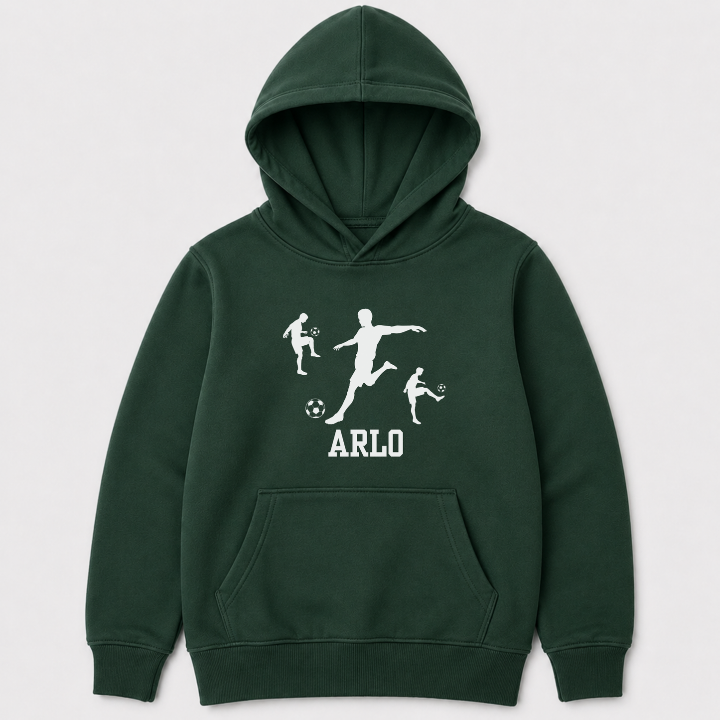 Dark green boys personalised football pullover hoodie with white footballer silhouettes and custom name Arlo