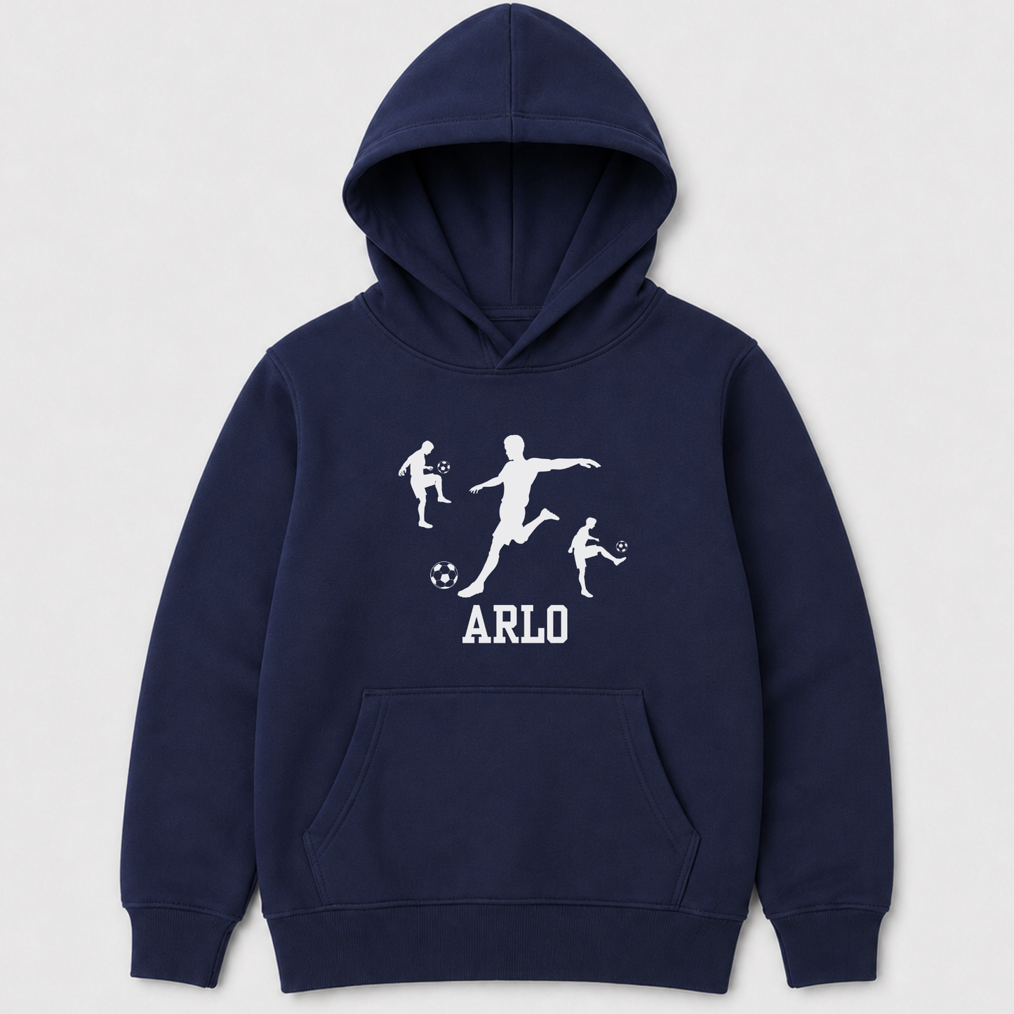 Navy boys football pullover hoodie with custom name Arlo and white footballer design