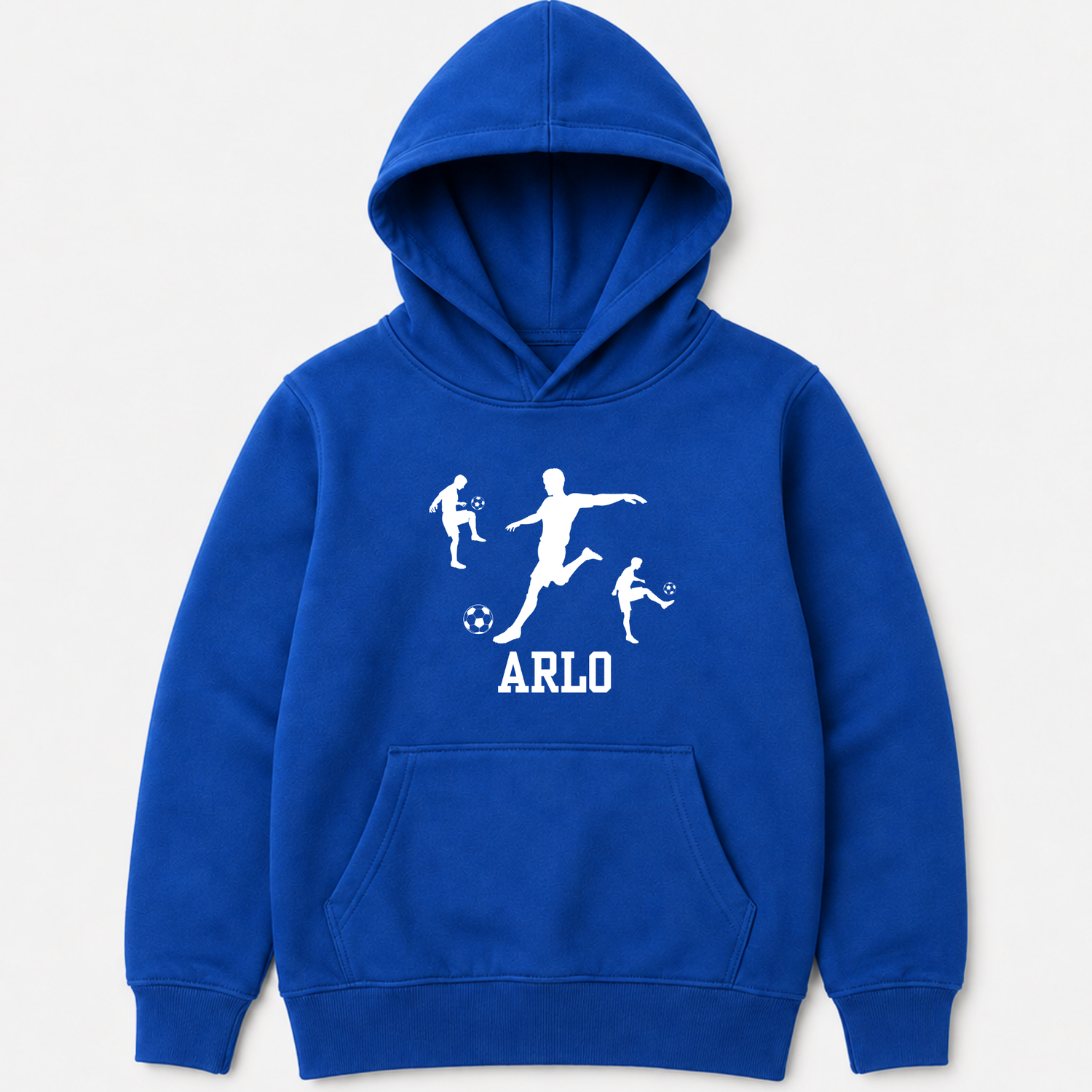 A royal blue kids pullover hoodie with a white soccer graphic on the chest featuring player silhouettes and the name 'ARLO', displayed on a clean white background.
