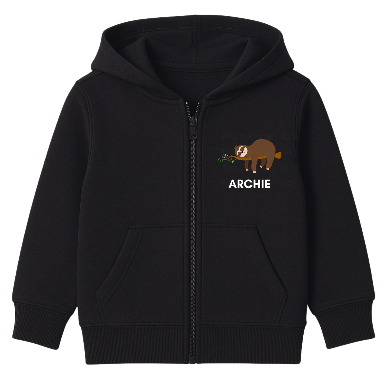Kids black zip-up hoodie featuring a cute brown sloth holding leaves with the custom name “Archie” printed underneath, displayed flat on a white background.