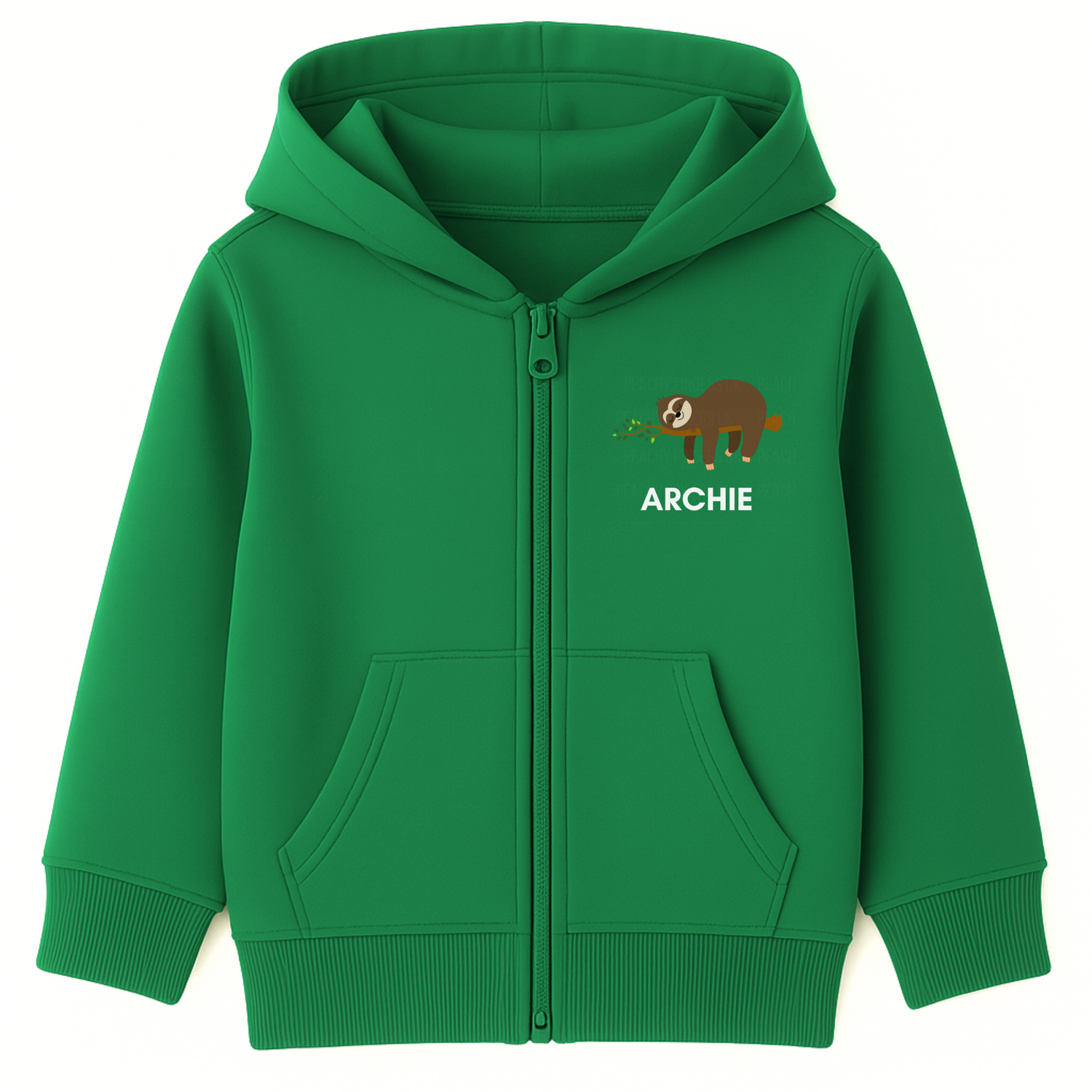 Kelly green kids zip-up hoodie featuring a cute brown sloth holding leaves with the custom name “Archie” printed underneath, displayed flat on a white background.