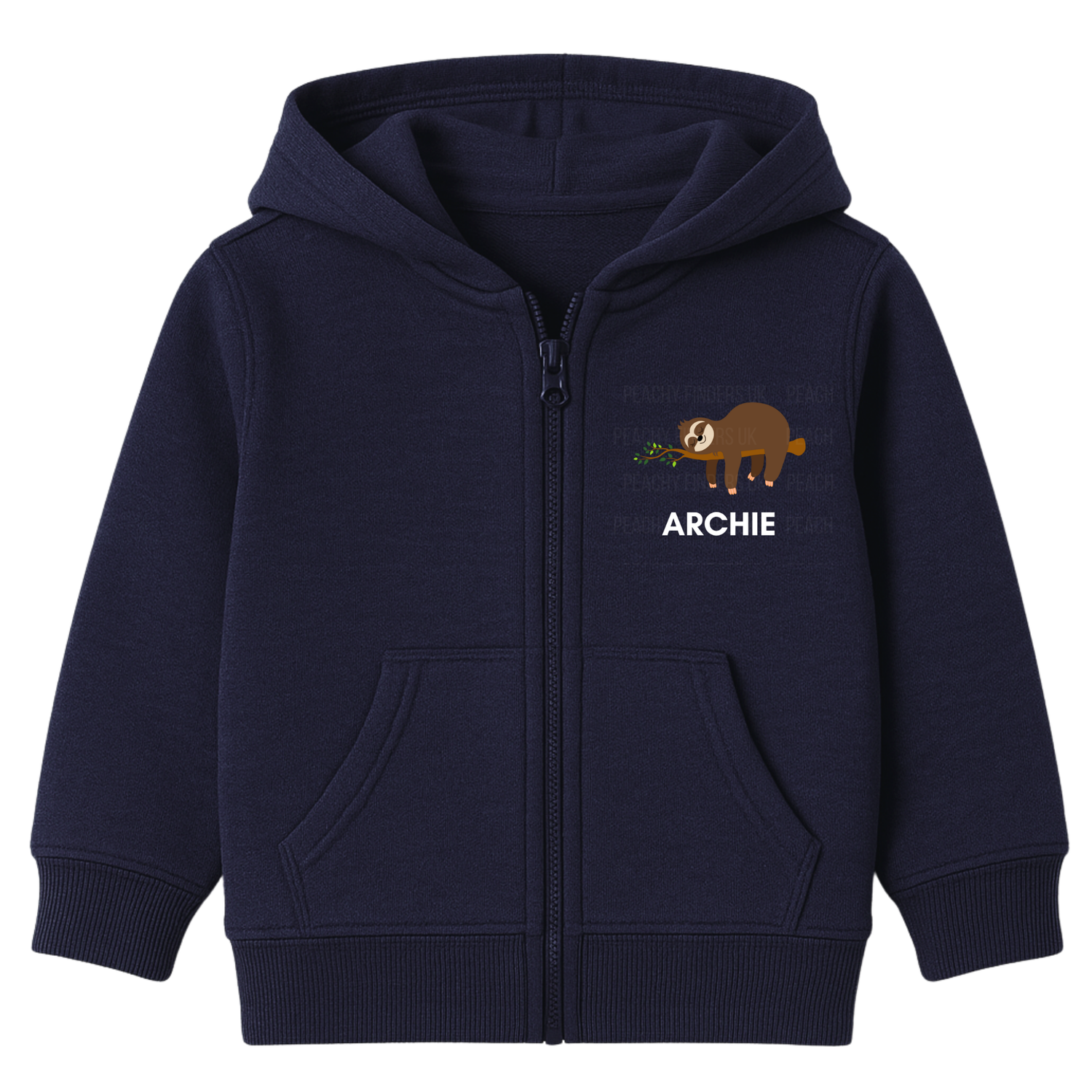 Boys navy zip-up hoodie featuring a cute brown sloth holding leaves with the custom name “Archie” printed underneath, displayed flat on a white background.