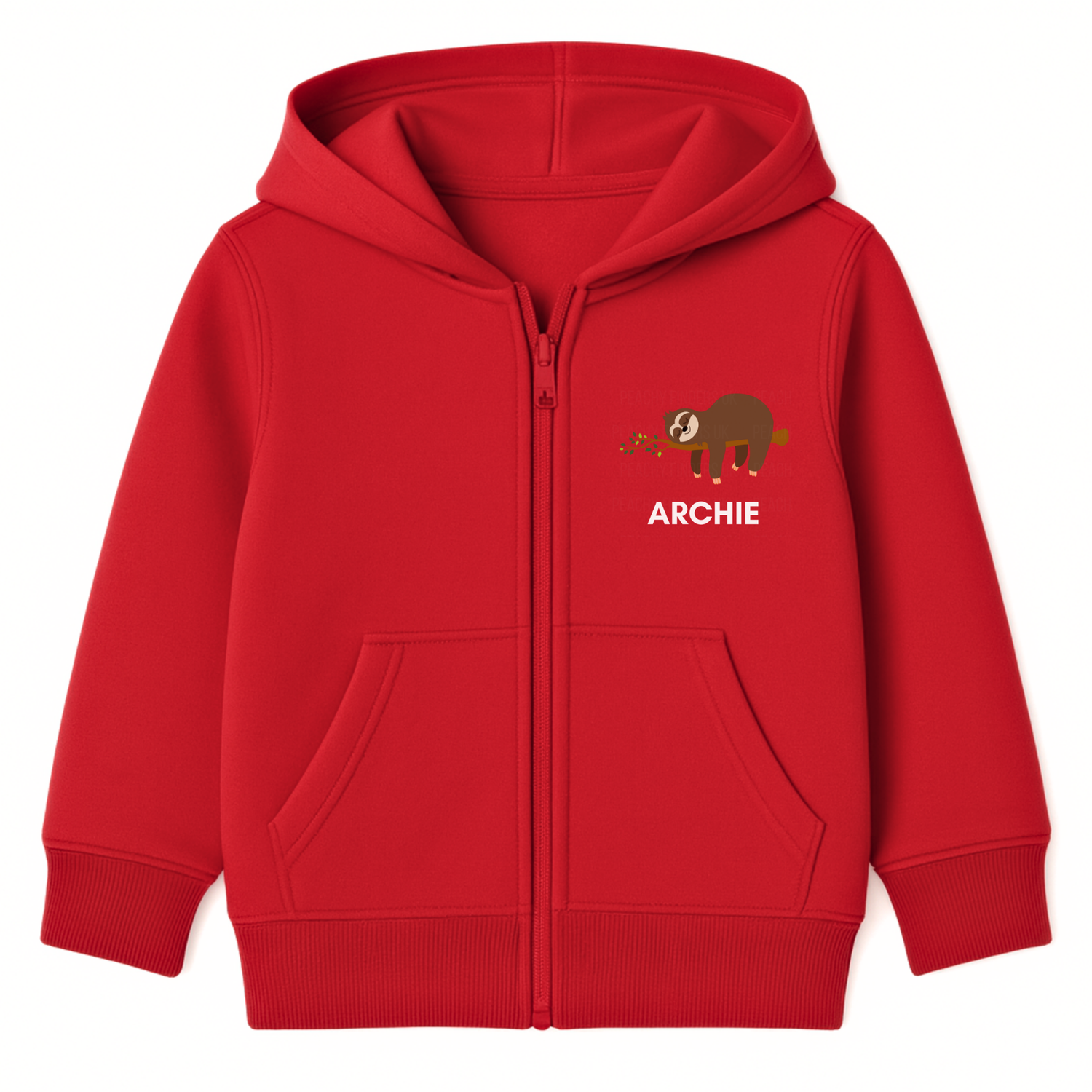 Boys red zip-up hoodie featuring a cute brown sloth holding leaves with the custom name “Archie” printed underneath, displayed flat on a white background.