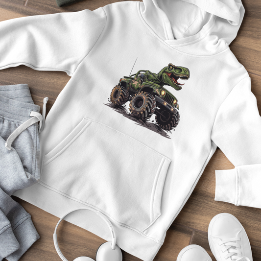 Kids white hoodie laid flat, displaying a printed design of a t-rex riding a monster truck