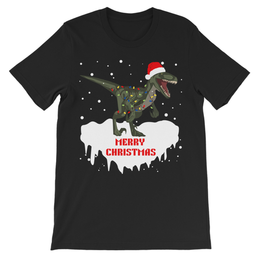 Kids black Christmas t-shirt featuring T-Rex in Santa hat with Merry Christmas design