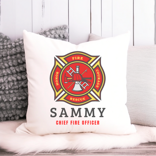 Kids personalised firefighter cushion cover with red and yellow fire department badge, custom name and title "Chief Fire Officer" on a white 40x40cm cushion