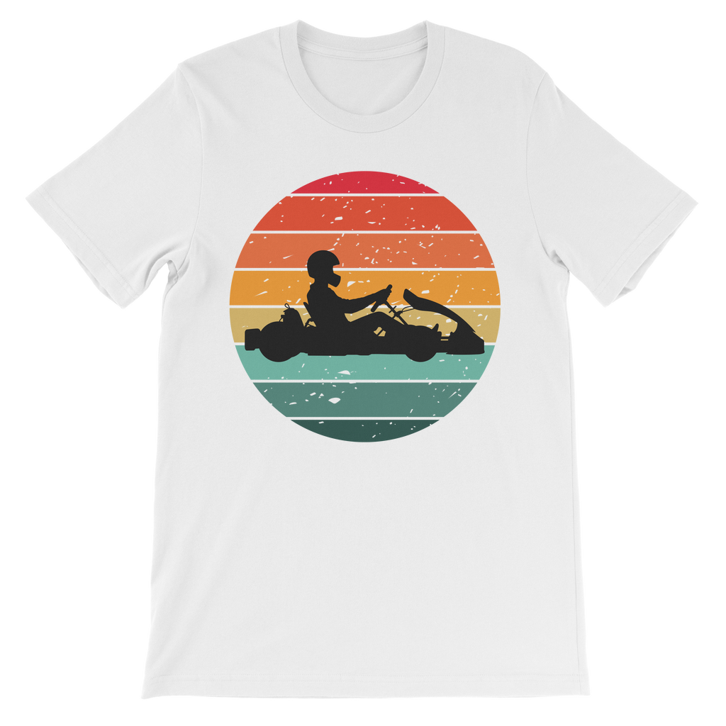 Kids white cotton t-shirt featuring a go-kart with retro sunset background.