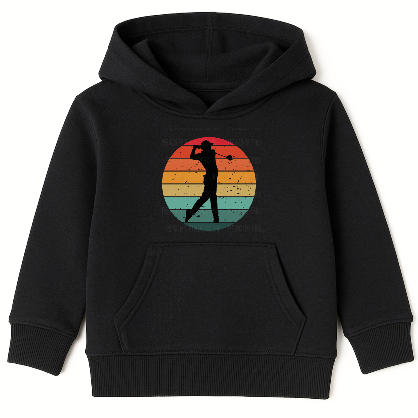 Kids retro golf black hoodie flat lay with vintage golfer graphic pullover hooded sweatshirt front pocket UK printed apparel