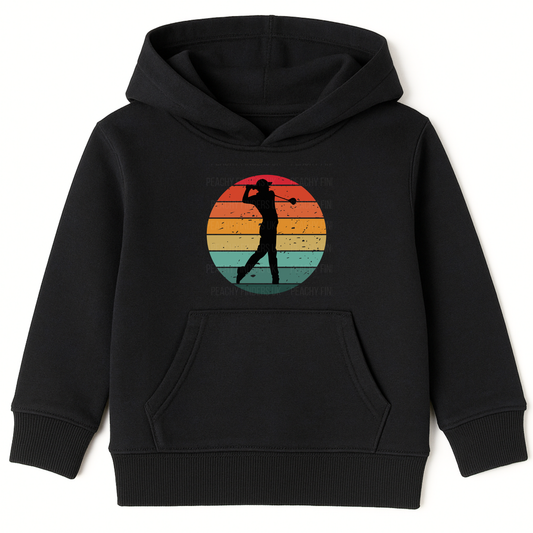 Kids retro golf black hoodie flat lay with vintage golfer graphic pullover hooded sweatshirt front pocket UK printed apparel