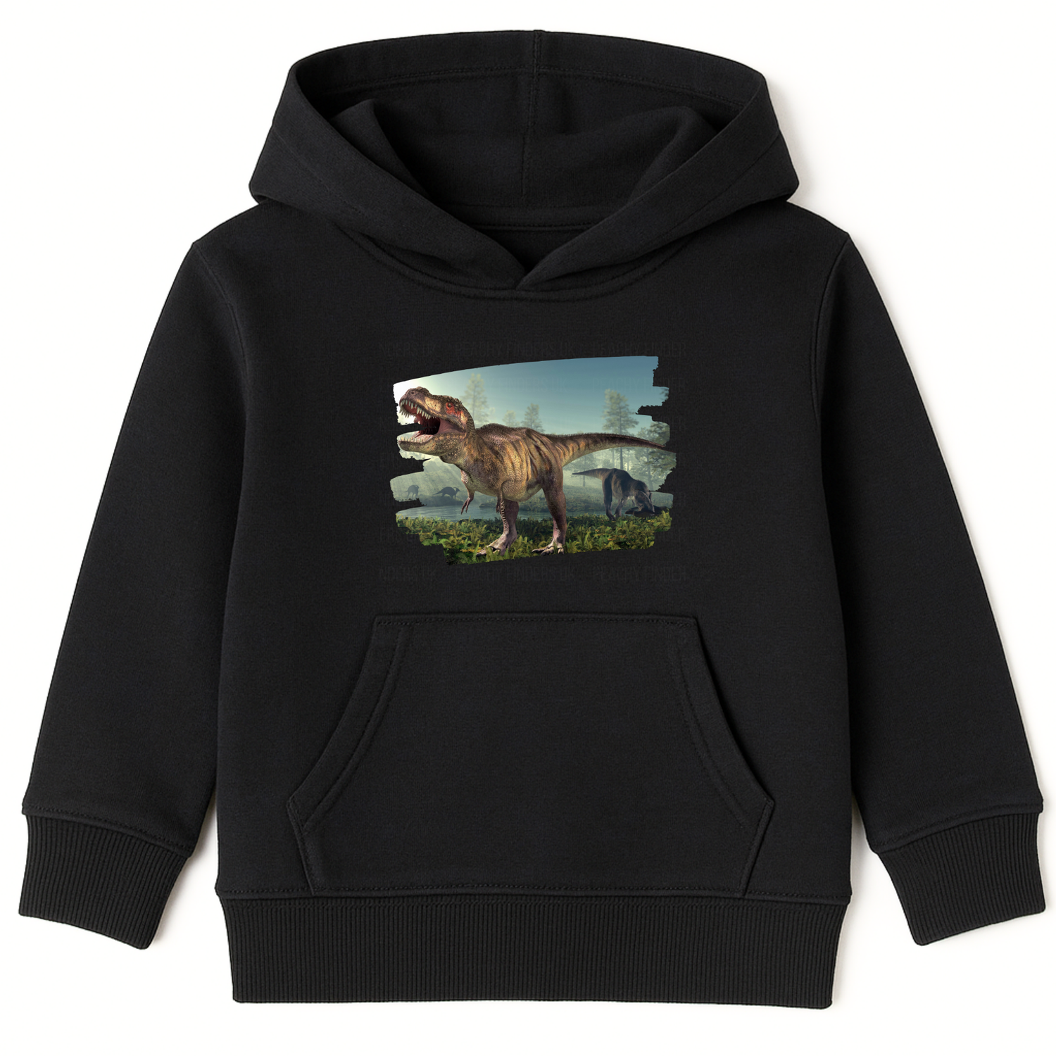 Children's black T-Rex dinosaur hoodie with realistic Jurassic graphic on the front