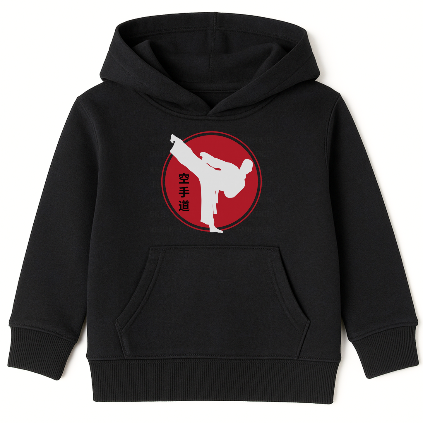 Kids karate themed black hoodie featuring a white kicking silhouette inside a red circle with Japanese kanji symbols