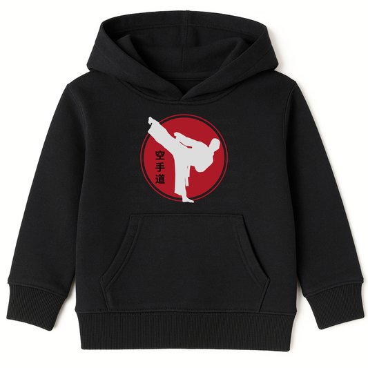 Kids karate themed black hoodie featuring a white kicking silhouette inside a red circle with Japanese kanji symbols