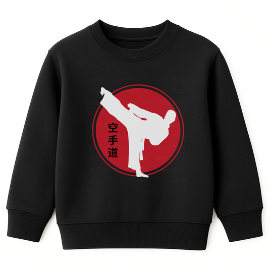 Boys black sweatshirt with a white high-kicking karate silhouette inside a red circle with Japanese kanji text
