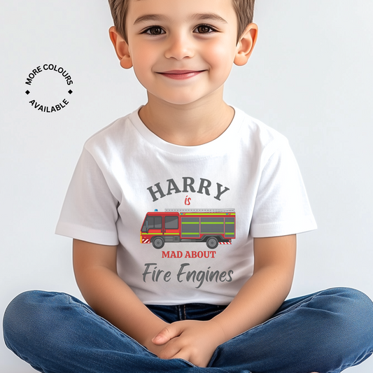 Boys Personalised 'Mad About Fire Engines' T-shirt | 3 - 11 years