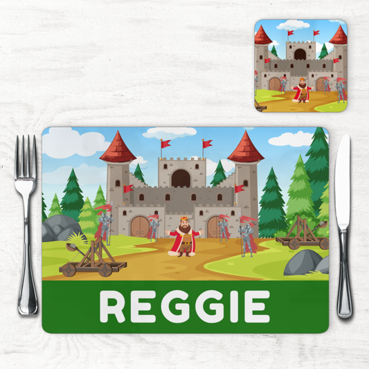 Kids Large Personalised Castle & Knights Placemat and Coaster Set