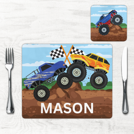 Kids Large Personalised Monster Truck Cork-Back Placemat and Coaster Set