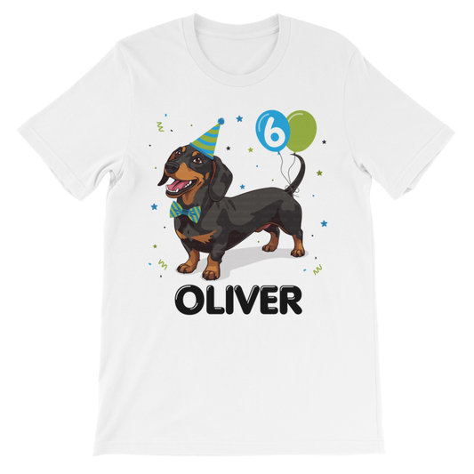 Kids white cotton t-shirt with a birthday themed dachshund graphic and custom name 'Oliver' printed underneath - flat lay product