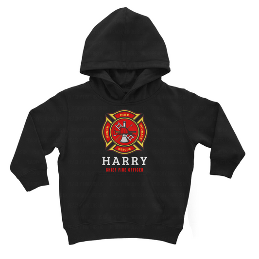 Kids black pullover hoodie with custom name and fire and rescue emblem - little fire fight sweatshirt