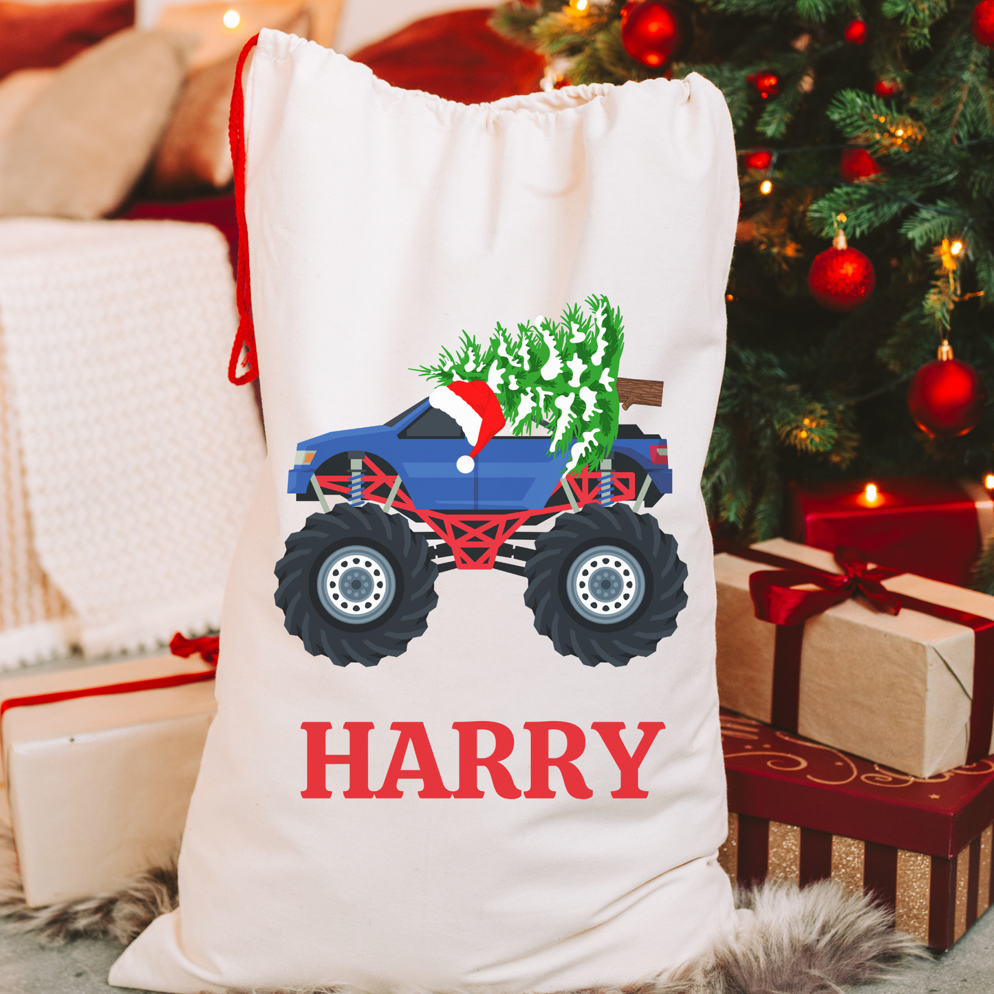 Children's personalised Monster Truck Christmas sack with red drawcords filled with presents