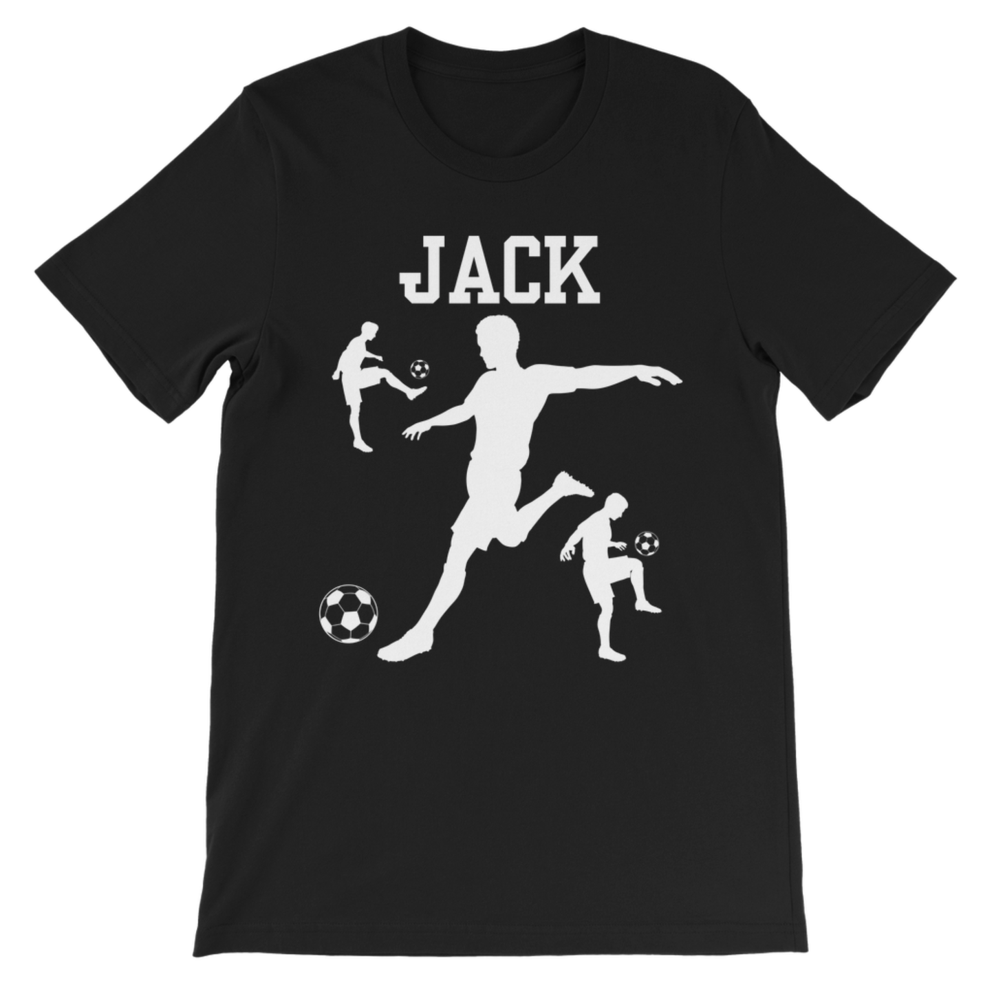 Boys personalised football T-shirt in black with white player silhouettes front design and custom name print.