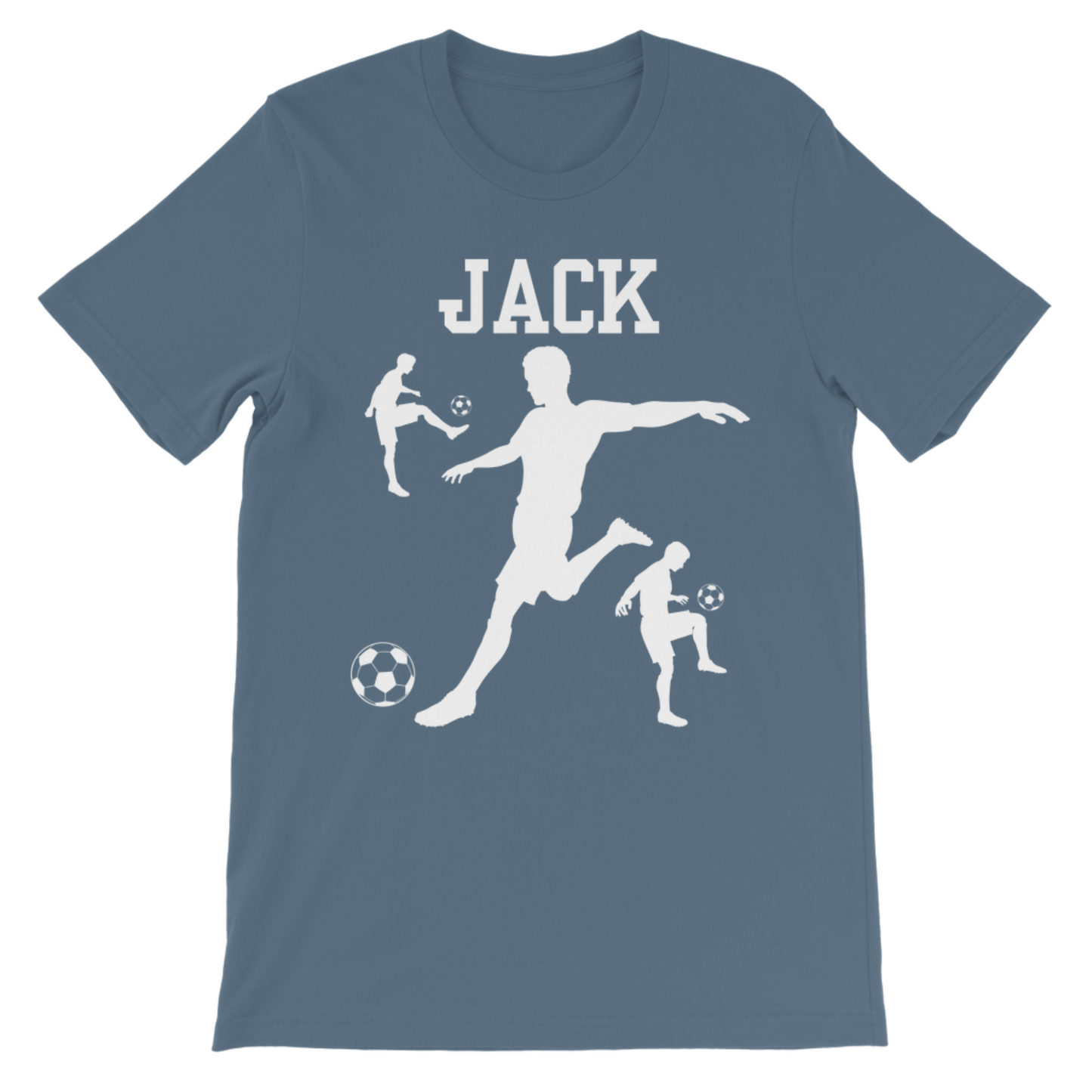 Kids personalised football T-shirt in indigo blue with bold white footballer graphic and name on the front.