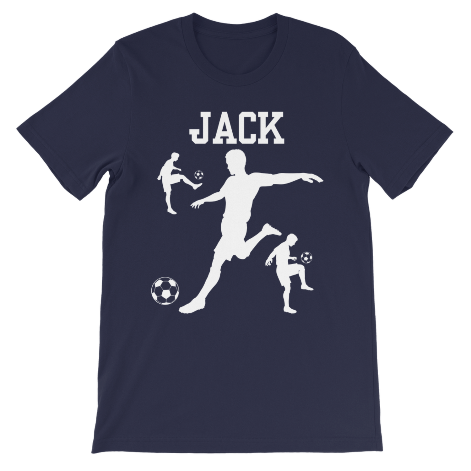 Navy boys football T-shirt with personalised name and white football player silhouette design.