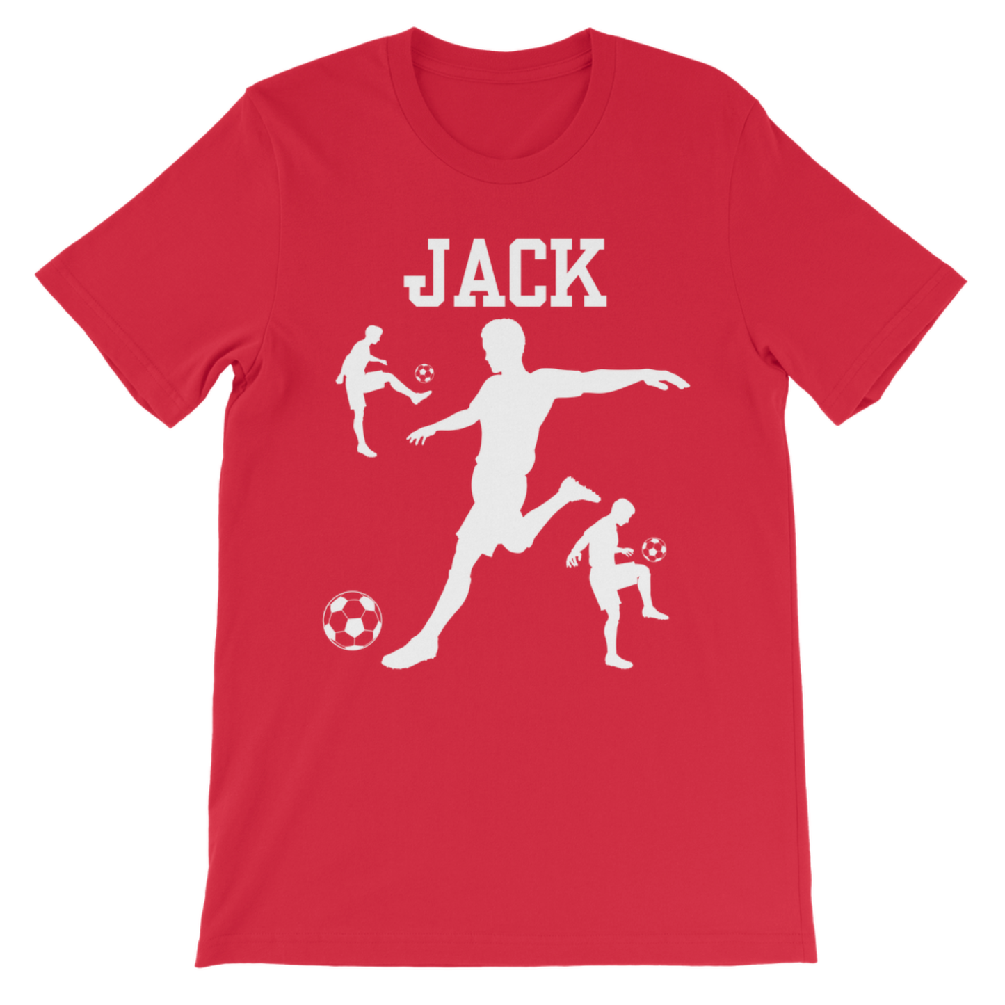 Red personalised kids football T-shirt with white footballer silhouette print and custom name detail.