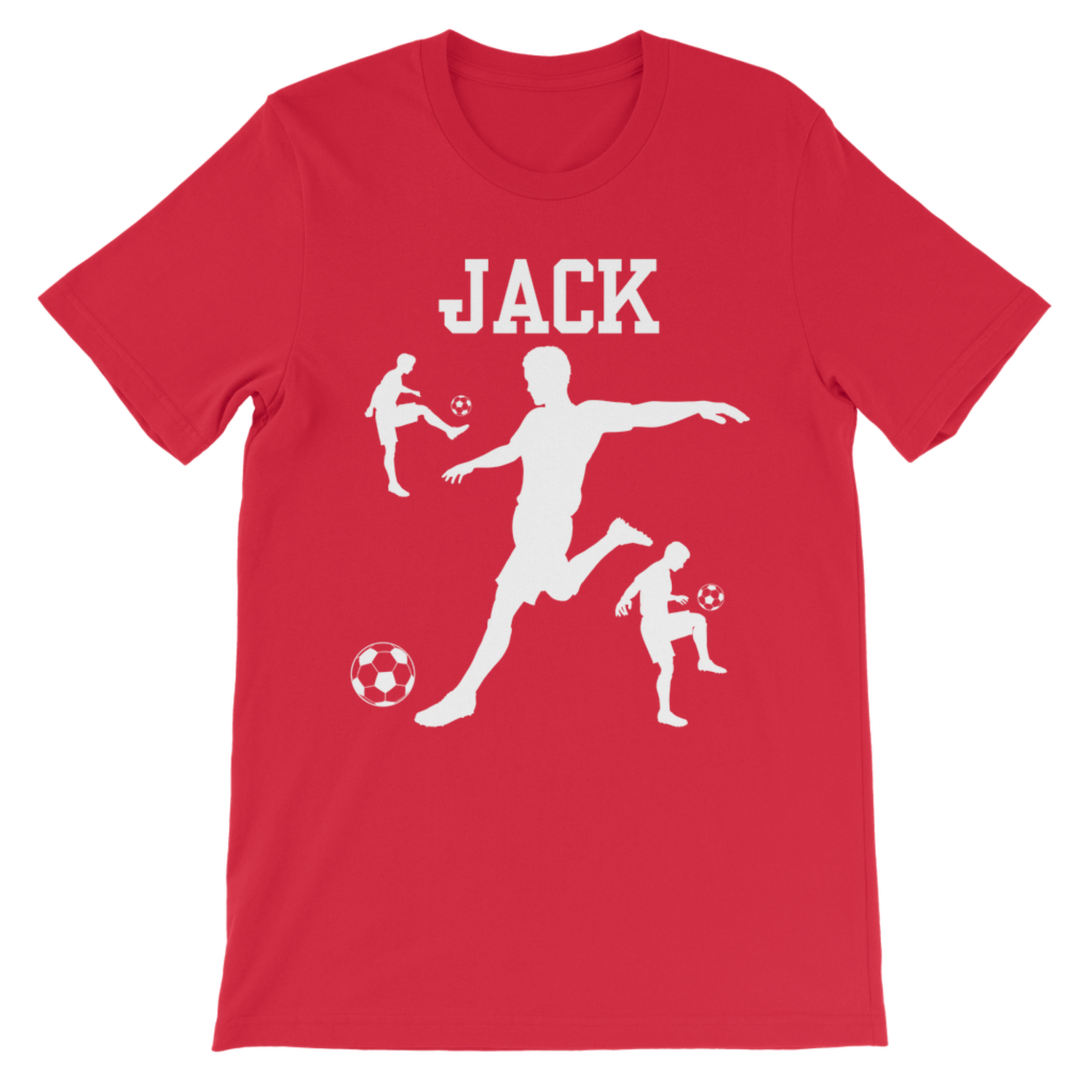Red personalised kids football T-shirt with white footballer silhouette print and custom name detail.