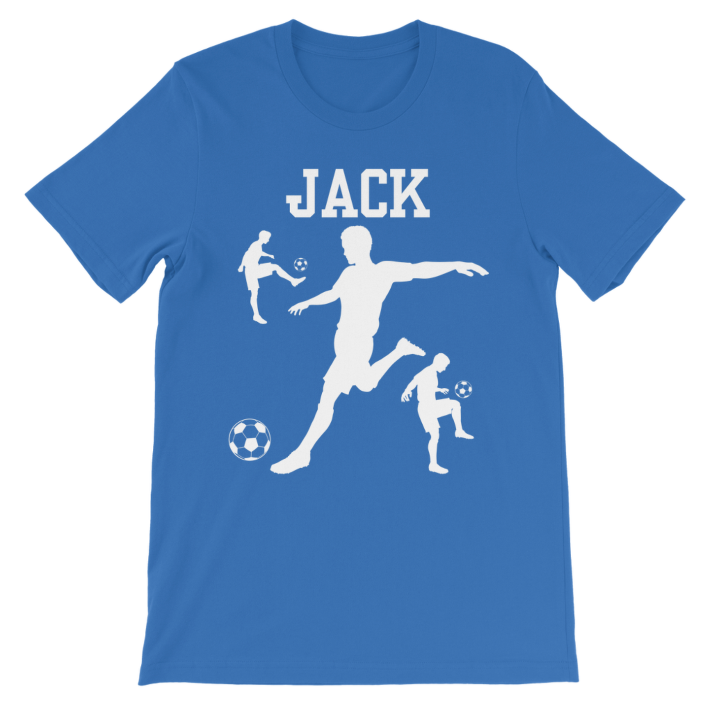 A kids royal blue short-sleeve t-shirt with a white graphic print featuring the name 'JACK' above silhouettes of soccer players and balls, shown on a plain white background.