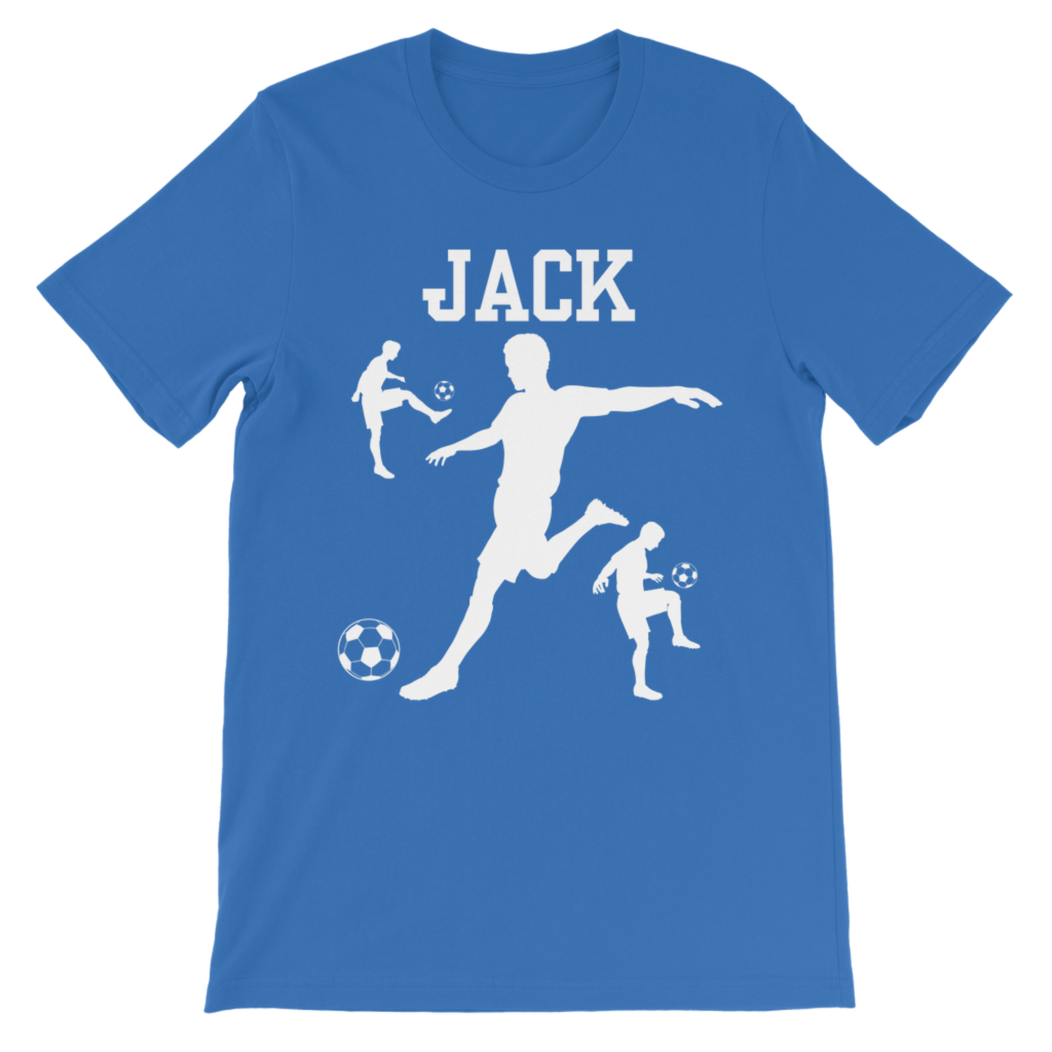 A kids royal blue short-sleeve t-shirt with a white graphic print featuring the name 'JACK' above silhouettes of soccer players and balls, shown on a plain white background.