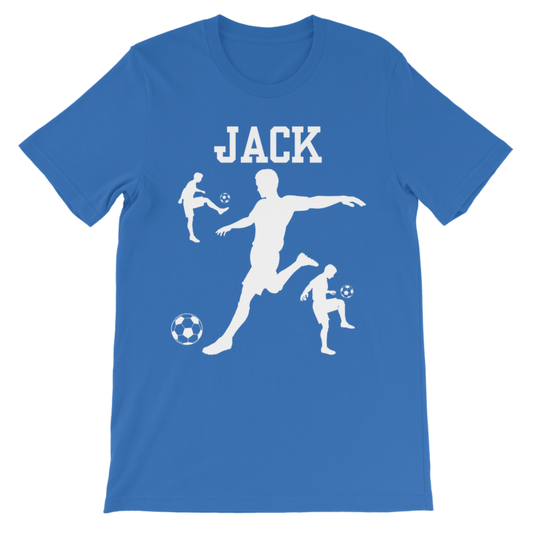 A kids royal blue short-sleeve t-shirt with a white graphic print featuring the name 'JACK' above silhouettes of soccer players and balls, shown on a plain white background.