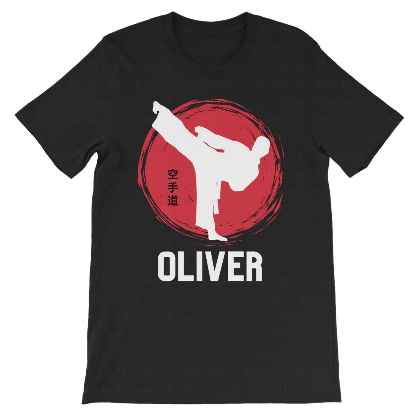 Black t-shirt with a red and white graphic of a person in a martial arts pose and the name 'OLIVER' on a white background.