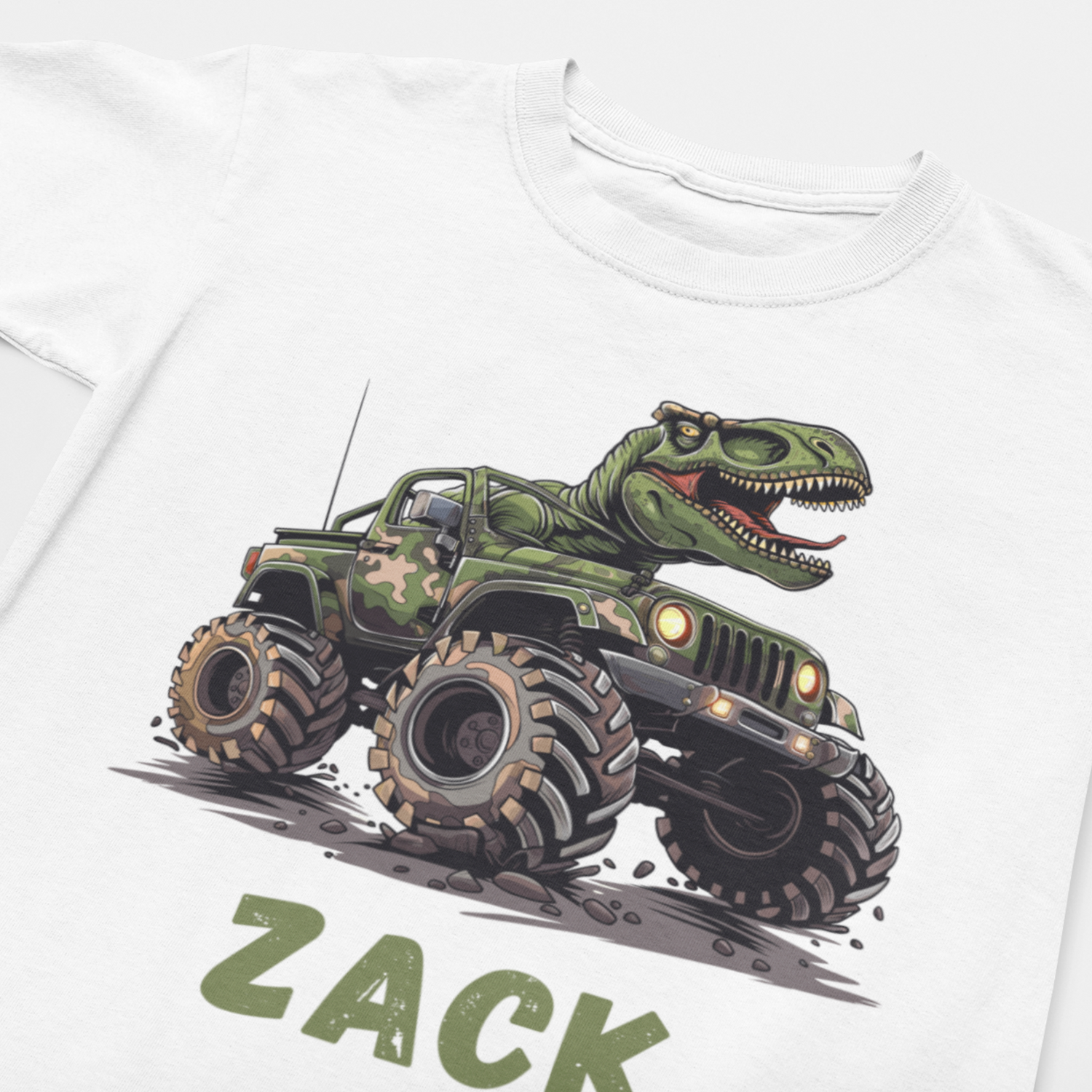 White short sleeved kids t-shirt laid flat with a printed design of a T-rex dinosaur-riding a monster truck